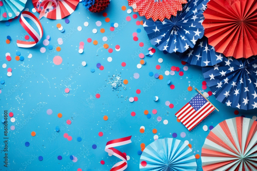 Obraz premium Celebrate with patriotic American decorations featuring paper fans and colorful confetti on a vibrant blue background. Generated AI