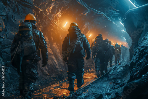 Miners in the mine, hardhat and helmet, dangerous underground job. photo