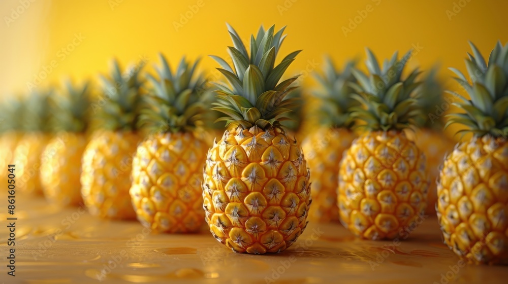 A visually appealing image showcasing multiple rows of fresh pineapples with vibrant golden color and lush green foliage, placed against a striking yellow background. A visually appealing image showcasing multiple rows of fresh pineapples with vibrant golden color and lush green foliage, placed against a striking yellow background.