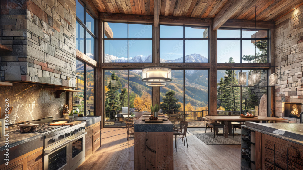 Mountain Retreat Kitchen: Bring the outdoors in with natural wood finishes, stone countertops, a stone hearth, and large windows framing picturesque mountain views Mountain Retreat Kitchen: Bring the outdoors in with natural wood finishes, stone countertops, a stone hearth, and large windows framing picturesque mountain views