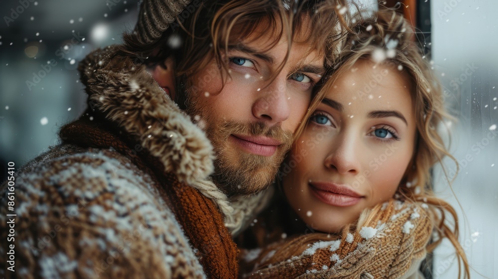 A delightful image of a couple nestled together in winter snow, their warm clothes adding a sense of coziness, love, and warmth amidst a beautiful snowy landscape. A delightful image of a couple nestled together in winter snow, their warm clothes adding a sense of coziness, love, and warmth amidst a beautiful snowy landscape.