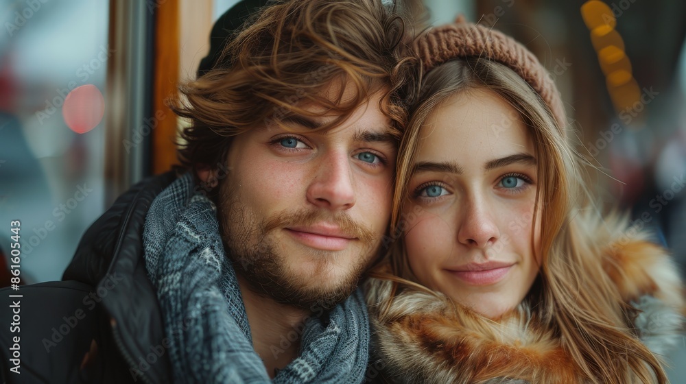 An endearing photo of a couple in winter clothes, cuddling and enjoying a quiet moment with a bustling city as the backdrop, capturing love in an urban winter setting. An endearing photo of a couple in winter clothes, cuddling and enjoying a quiet moment with a bustling city as the backdrop, capturing love in an urban winter setting.