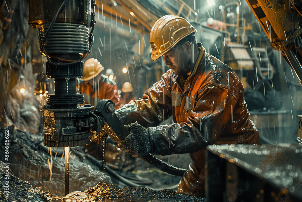 Miners in a tunnel with machines, mining industry worker operating machinery, coal miner with safety helmet. Miners in a tunnel with machines, mining industry worker operating machinery, coal miner with safety helmet.