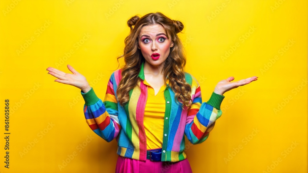 Colorful woman with surprised expression on yellow background Colorful woman with surprised expression on yellow background