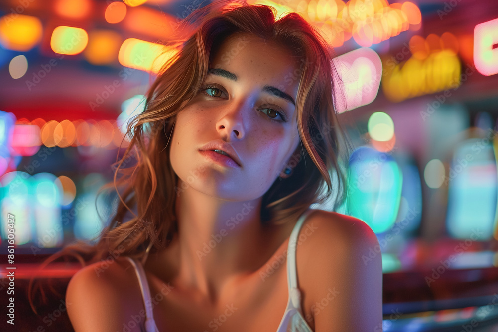 Casino player, young woman at slot machines, betting and playing for fun.