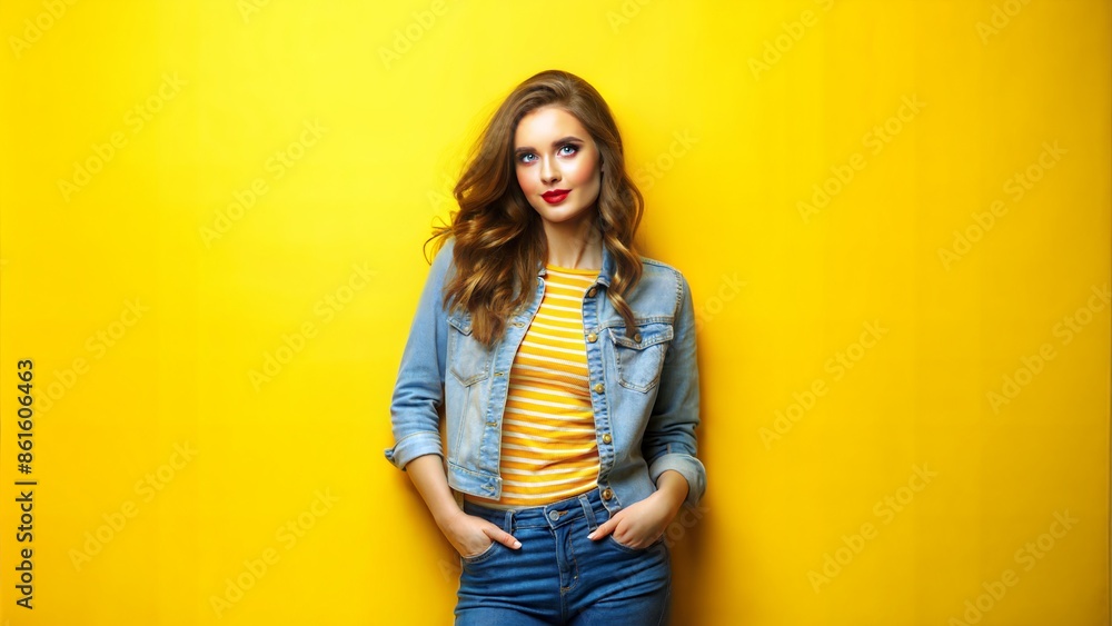 Stylish young woman posing against bright yellow background Stylish young woman posing against bright yellow background