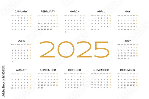 Annual calendar template for 2025 year. Week starts from Monday. Planner, stationery, printing. Vector illustration