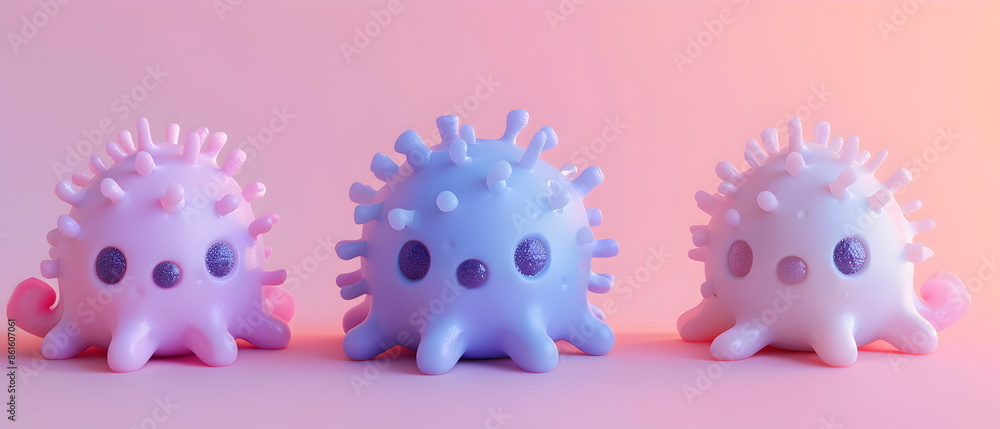 Fototapeta premium 3D clay, Adorable clay Germs, viruses, bacteria, fungi, epidemics, muted pastels, Blender 3d, colorful kawaii model, disease