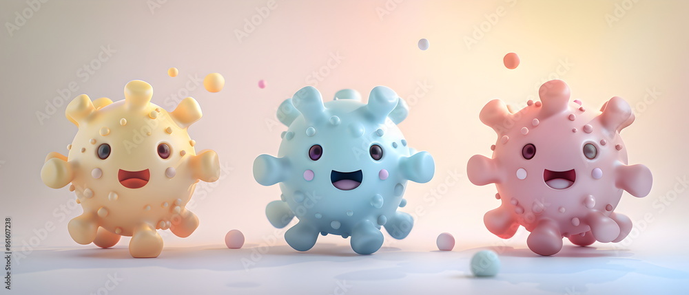 Obraz premium 3D clay, Adorable clay Germs, viruses, bacteria, fungi, epidemics, muted pastels, Blender 3d, colorful kawaii model, disease