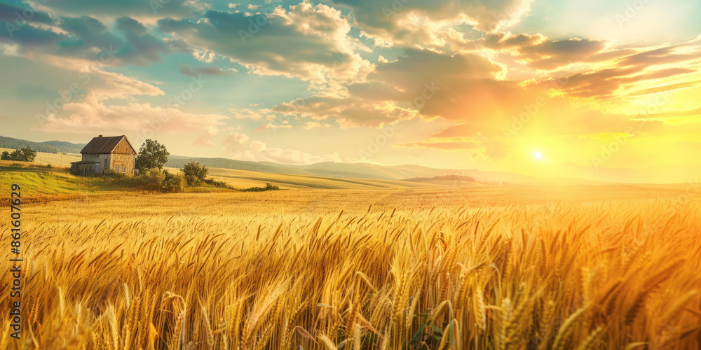 Obraz premium A vast wheat field under the summer sunlight, with golden ears of grain ready for harvest against a clear blue sky.