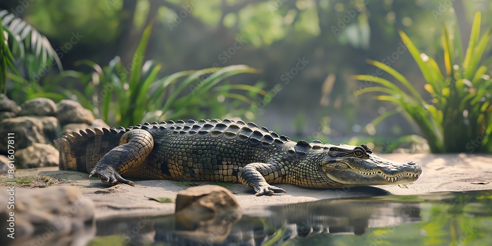 alligator in the everglades, Lazing Crocodile by Riverbank A full-body shot of a crocodile lazing by the riverbank, highlighting its rugged texture and natural habitat. alligator in the everglades, Lazing Crocodile by Riverbank A full-body shot of a crocodile lazing by the riverbank, highlighting its rugged texture and natural habitat.