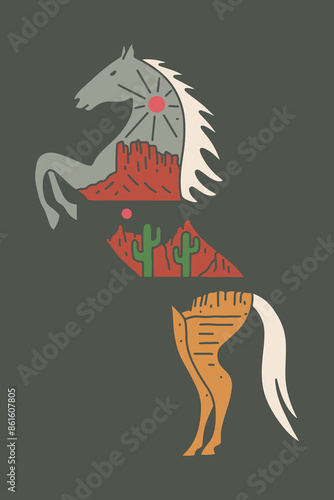 The desert of Arizona in Horse shape in mono line vector t shirt badge patch sticker illustration