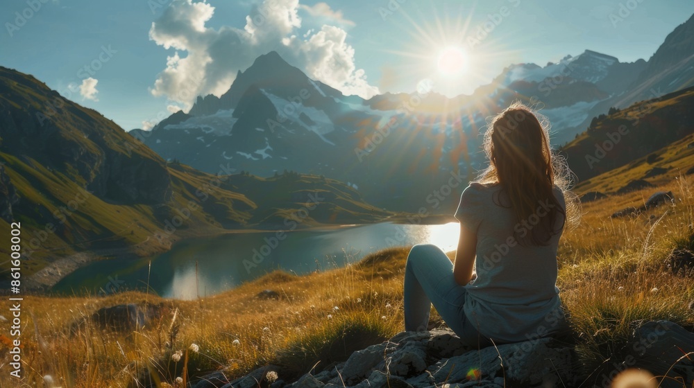 Naklejka premium A woman sitting on a rock looking at a lake