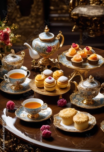 elegant tea set displayed delicate pastries table, arrangement, porcelain, teapot, cups, saucers, cakes, desserts, sweets, beautiful, classy, refined, dainty