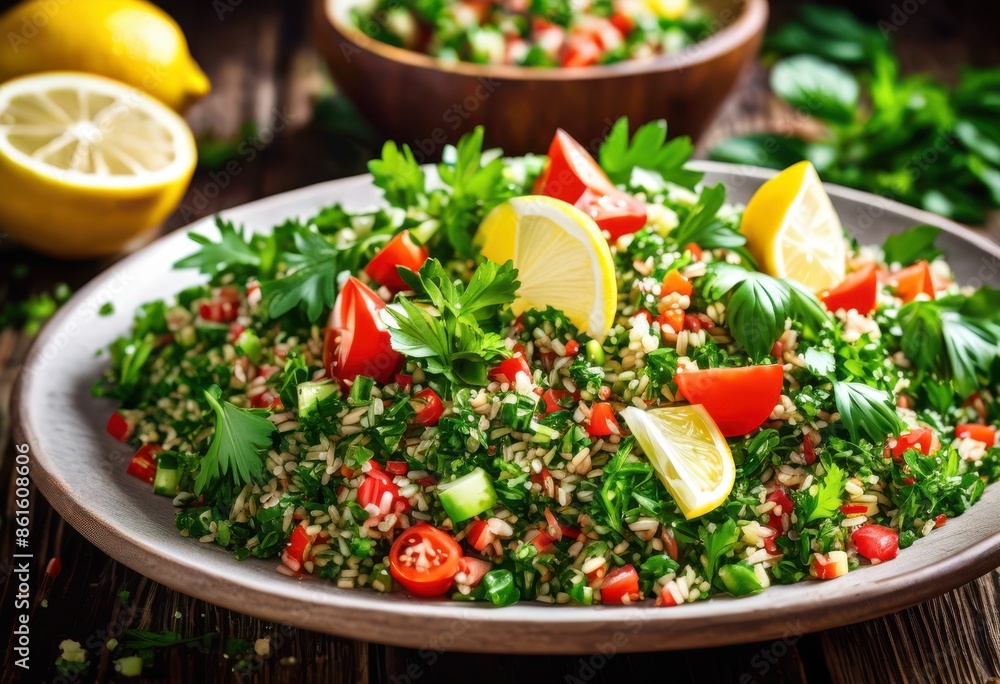 freshly made tabbouleh salad lemon wedges, ingredients, healthy, dish, parsley, tomatoes, cucumber, mint, vegan, mediterranean, appetizer, chopped freshly made tabbouleh salad lemon wedges, ingredients, healthy, dish, parsley, tomatoes, cucumber, mint, vegan, mediterranean, appetizer, chopped