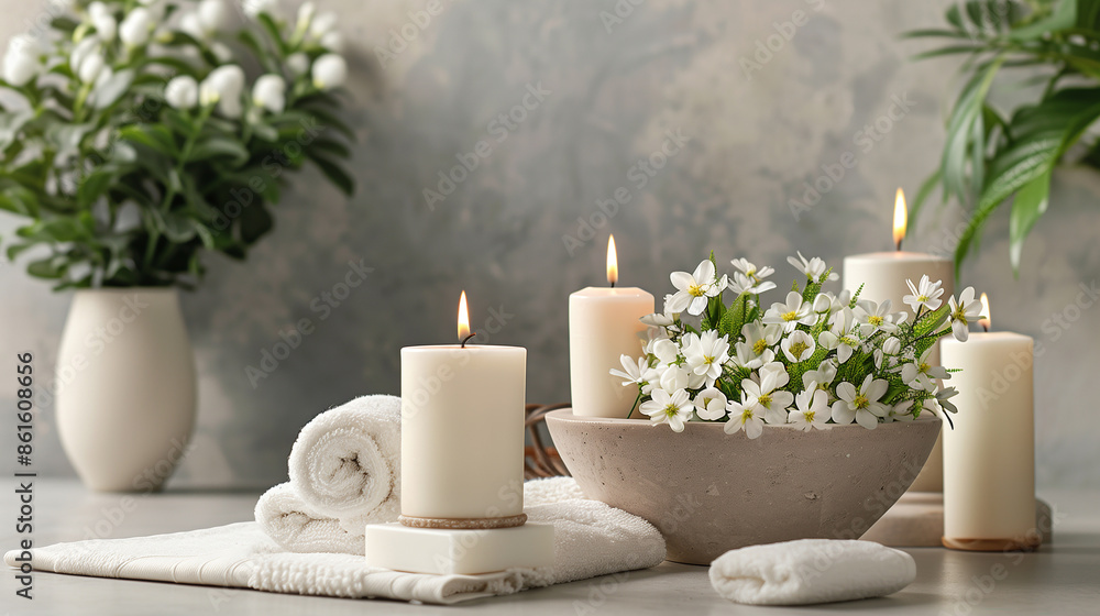 Elegant spa setup with rolled towels, flowers, and candles creating a serene ambiance. Perfect for wellness, relaxation, and beauty themes Elegant spa setup with rolled towels, flowers, and candles creating a serene ambiance. Perfect for wellness, relaxation, and beauty themes