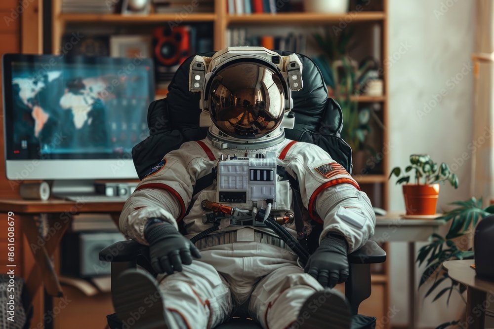 An astronaut working with computer in a modern office with a computer, Magazine photography style An astronaut working with computer in a modern office with a computer, Magazine photography style
