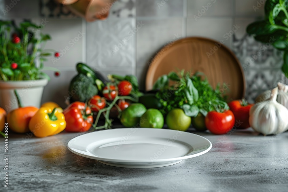 An empty white plate on a counter surrounded by vegetables and fruits in modern kitchen An empty white plate on a counter surrounded by vegetables and fruits in modern kitchen