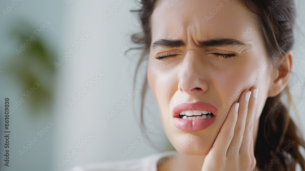 A woman experiencing severe toothache, holding her cheek in pain, expressing discomfort and agony, close-up shot highlighting facial expression. A woman experiencing severe toothache, holding her cheek in pain, expressing discomfort and agony, close-up shot highlighting facial expression.