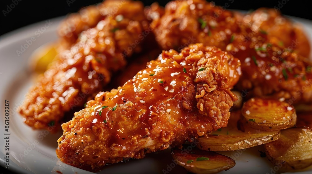 Close-up of crispy fried chicken tenders with a spicy glaze, served on a white plate with a side of roasted potatoes. Close-up of crispy fried chicken tenders with a spicy glaze, served on a white plate with a side of roasted potatoes.
