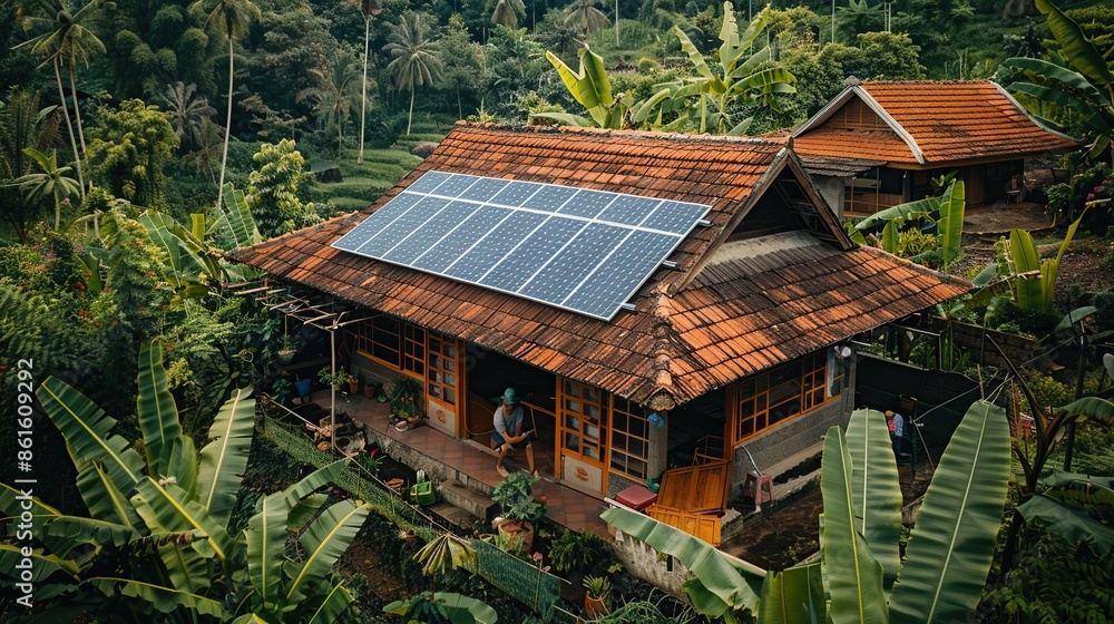 Tropical House with Solar Panels and Lush Greenery Tropical House with Solar Panels and Lush Greenery