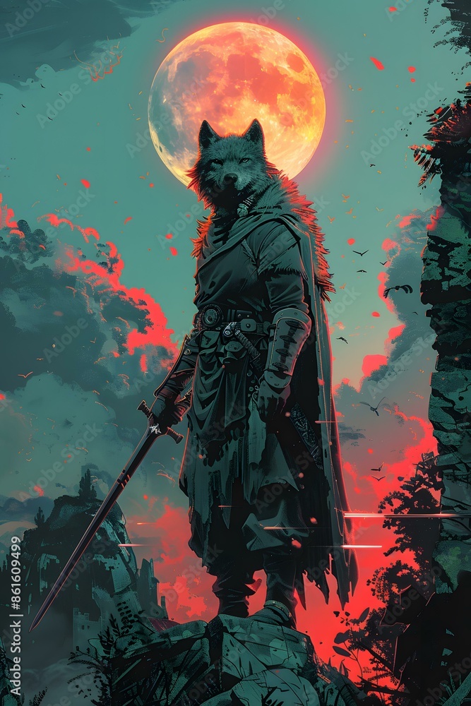 Fototapeta premium Lone Wolf Warrior Under the Blood Moon