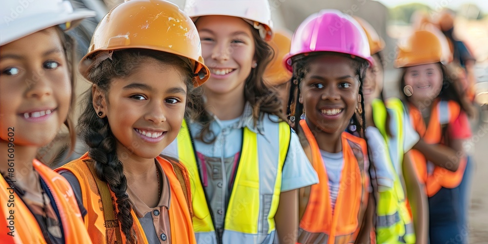 kid girls of different races in safety vests working on construction site, kid girls of different races in safety vests working on construction site,