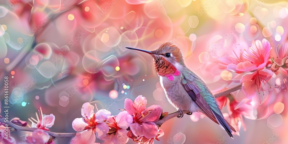 Fototapeta premium hummingbird with floral branches in the spring