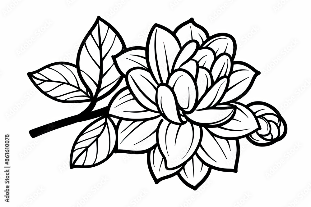 A flower with a stem is drawn in black and white A flower with a stem is drawn in black and white
