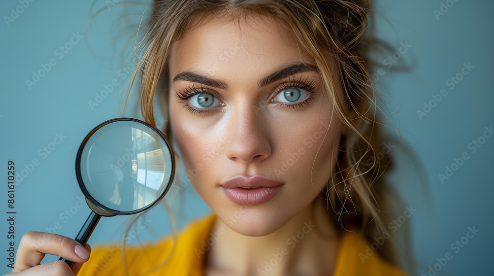 Portrait of a white-skinned woman in casual yellow attire looking through a magnifying glass, perfect for business and corporate promotions. Portrait of a white-skinned woman in casual yellow attire looking through a magnifying glass, perfect for business and corporate promotions.