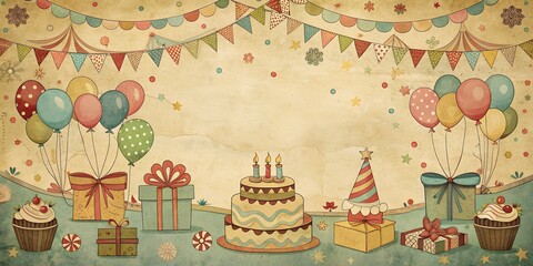 An illustration featuring a vintage birthday party scene with balloons, cake, presents, and cupcakes