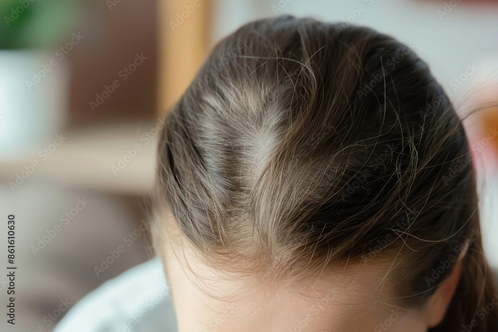 Fototapeta premium A close-up view of a person with parted brown hair, showcasing the natural texture and subtle color variations of the hair strands.
