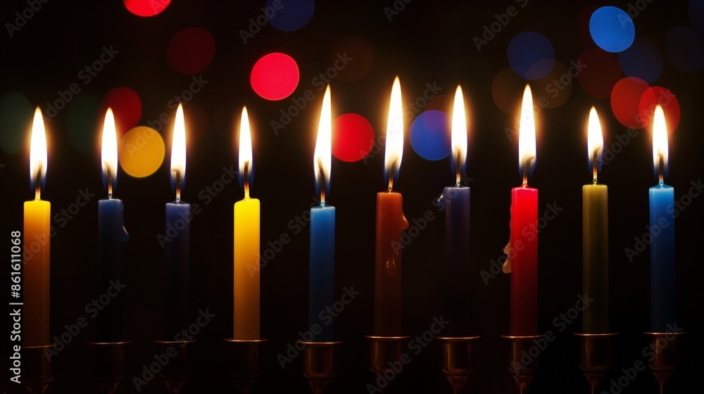 A set of colorful candles glowing brightly with a backdrop of bokeh lights, creating a festive and warm ambiance perfect for celebrations. A set of colorful candles glowing brightly with a backdrop of bokeh lights, creating a festive and warm ambiance perfect for celebrations.