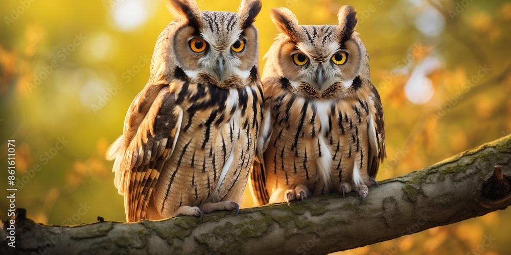 Fototapeta premium A pair of owls sits on a branch bathed in autumn's golden light, symbolizing wisdom, companionship, and nature's quiet elegance.