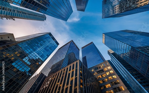 Reflective skyscrapers, business office buildings.