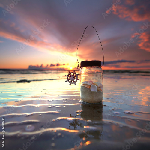 romantic seashells in a glass at the sunset beach