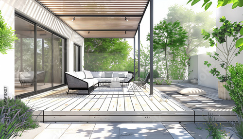 Projet de construction d'une véranda ou pergola bioclimatique pour une maison d'habitation moderne blanche photo