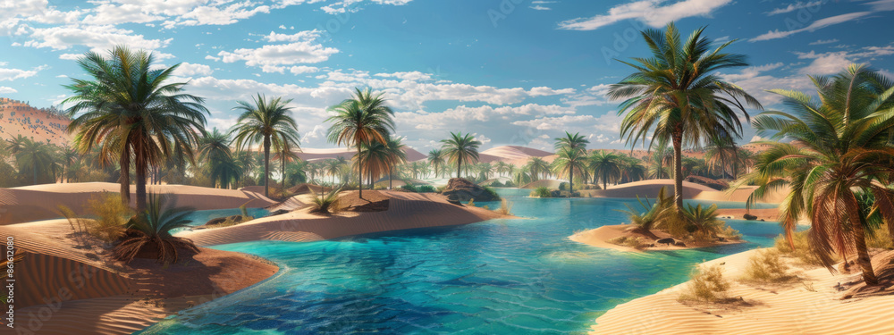 Fototapeta premium A surreal desert oasis, with lush palm trees and sparkling pools of water surrounded by endless stretches of arid sand