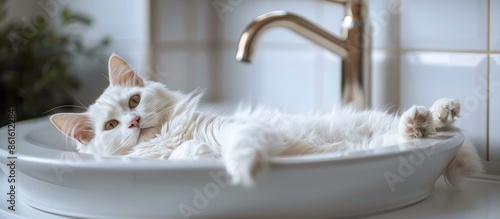 White cat lies in the sink ...