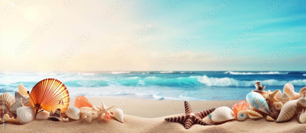 Summer beach background with sea shells and butterfly on sand, creating a picturesque scene with copy space image. Summer beach background with sea shells and butterfly on sand, creating a picturesque scene with copy space image.