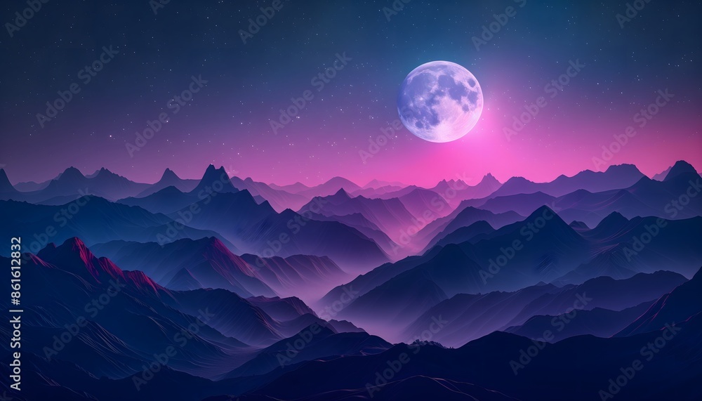 An abstract illustration of a full moon with pink glowing mountains below it An abstract illustration of a full moon with pink glowing mountains below it