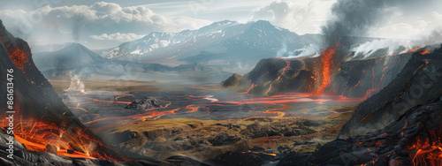 A dramatic volcanic landscape, with steaming vents, bubbling lava flows, and rugged terrain that stretches as far as the eye can see photo