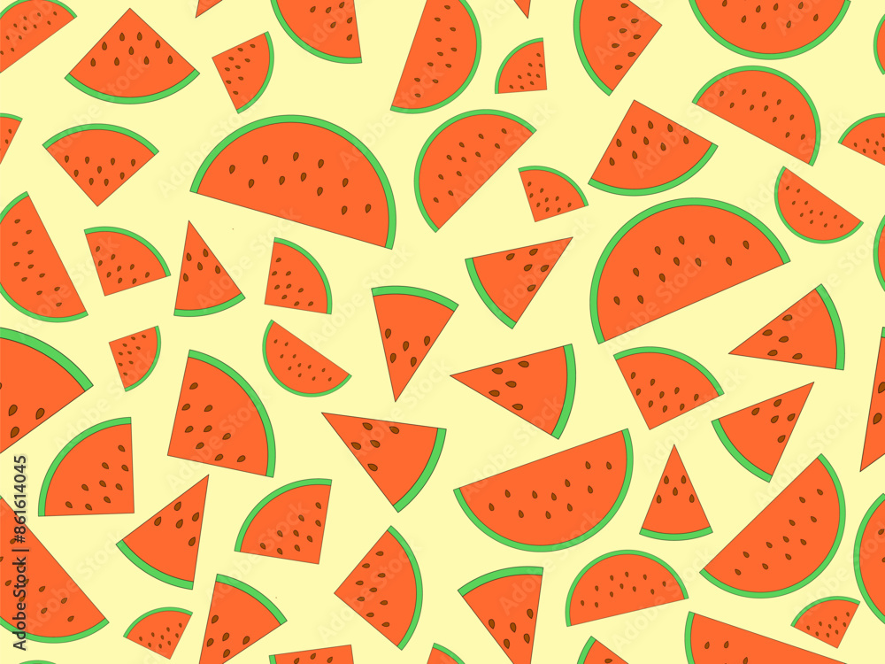 Watermelon seamless pattern. Triangular slices of watermelon. Sliced watermelon slices, tropical summer background. Design for wallpapers, wrappers, covers and banners. Vector illustration Watermelon seamless pattern. Triangular slices of watermelon. Sliced watermelon slices, tropical summer background. Design for wallpapers, wrappers, covers and banners. Vector illustration