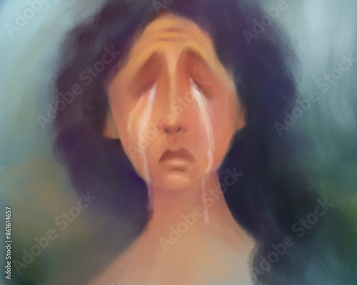 Fotografi Tearful Face Expressing Deep Sorrow and Pain