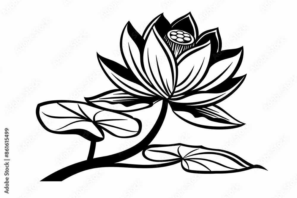A black and white drawing of a flower with a stem and leaves A black and white drawing of a flower with a stem and leaves
