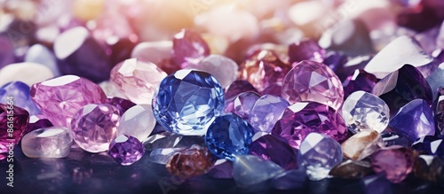 Background with copy space image of shiny precious stones in various shades, including amethyst. photo