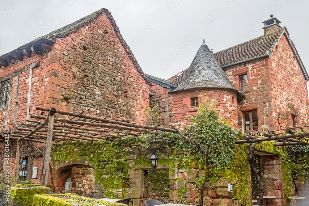 Collonges-la-Rouge, France:02.25.2024; Collonges-la-Rouge is entirely built with red sandstone Collonges-la-Rouge, France:02.25.2024; Collonges-la-Rouge is entirely built with red sandstone