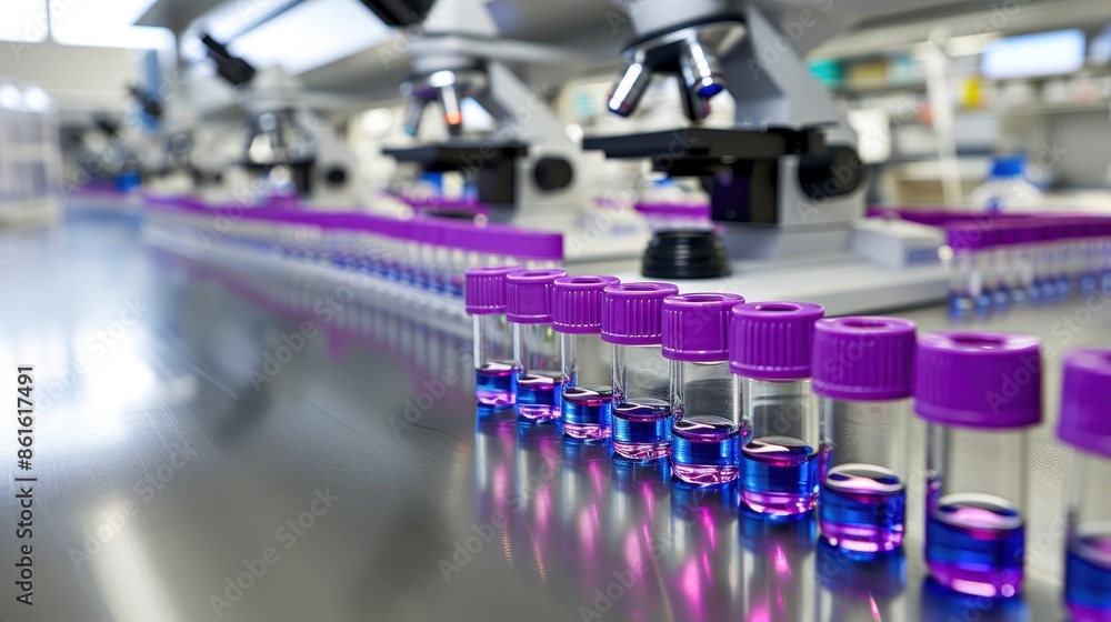 Close-up of laboratory test tubes with purple caps and liquid samples, with rows of microscopes in the background, in a modern scientific lab. Close-up of laboratory test tubes with purple caps and liquid samples, with rows of microscopes in the background, in a modern scientific lab.