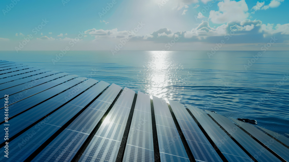 Obraz premium High-angle photo realistic view of solar panels installed by the sea, capturing the serene and sustainable energy solution under a bright, clear sky. The sunlight reflects beautifully.