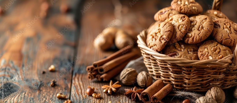 Basket containing ginger cookies, walnuts, and cinnamon on a brown table with selective focus on the objects in a copy space image. Basket containing ginger cookies, walnuts, and cinnamon on a brown table with selective focus on the objects in a copy space image.